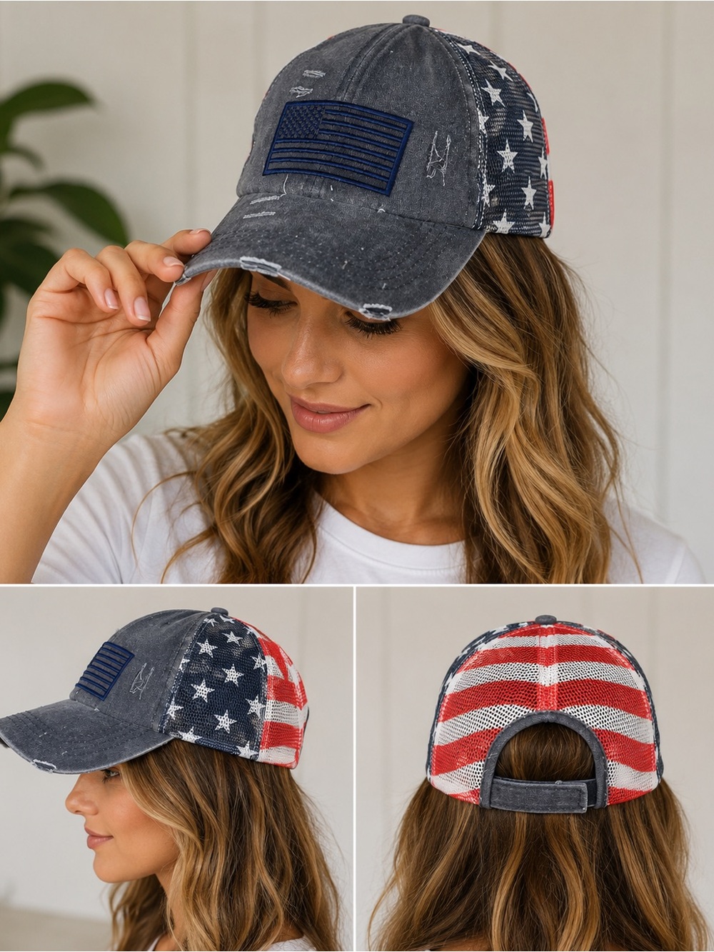Distressed Navy American Flag Baseball Cap - Women